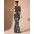 thumbnail image 4 of Silver Womens Scoop Neck Sleeveless Slim Fit Sequin Evening Gown Maxi Dress, 4 of 7