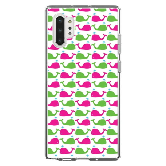 DistinctInk Clear Shockproof Hybrid Case for Galaxy Note 10 PLUS (6.8" Screen) - TPU Bumper, Acrylic Back, Tempered Glass Screen Protector - Green Pink Cartoon Whales - Cartoon Whales