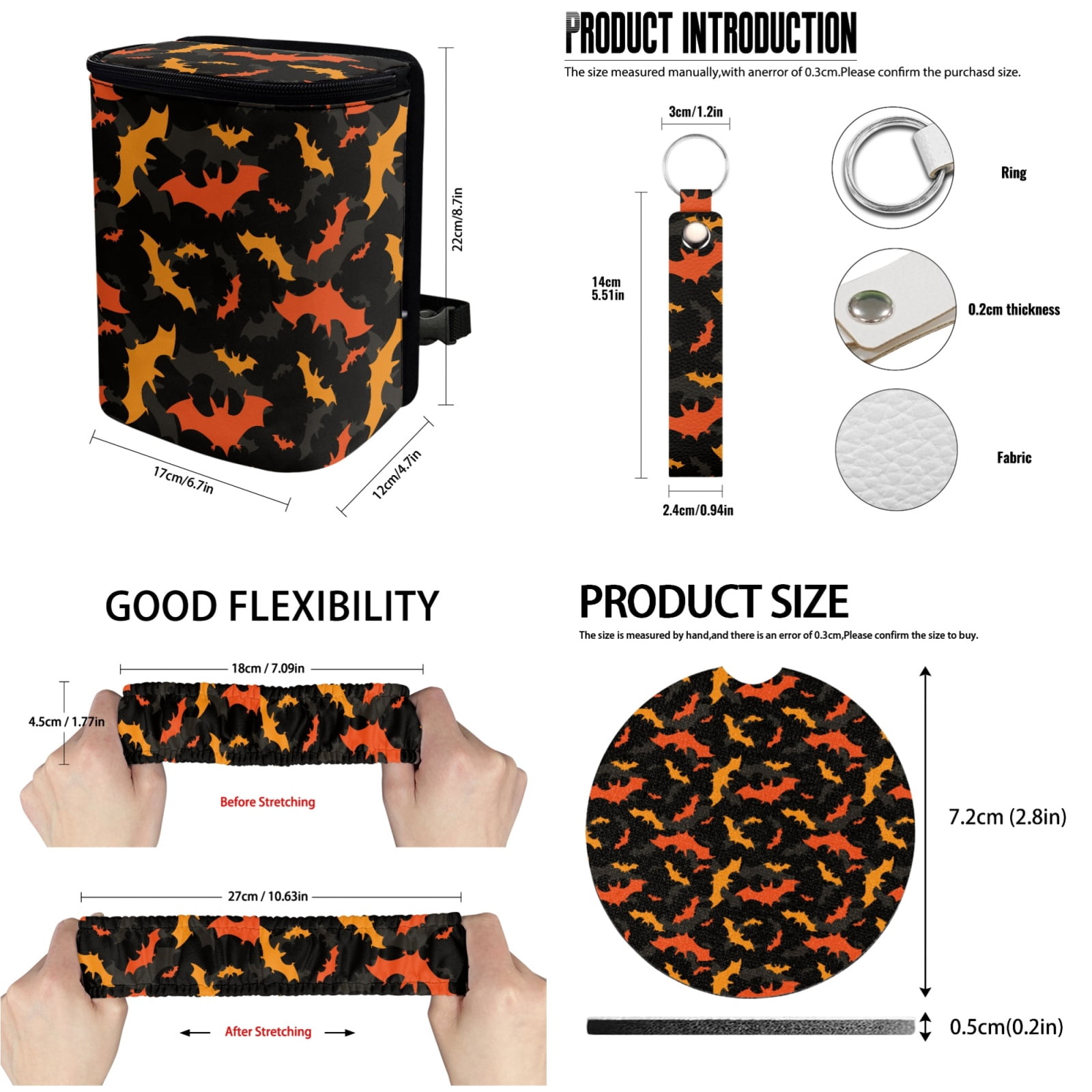 Jeiento Bats Car Seat Covers Full Set of 13 with Car Steering Wheel Cover Seat Belt Pads Car Trash Can Auto Rear View Mirror Cover Car Coasters Chapstick Holder Keychain for Truck SUV
