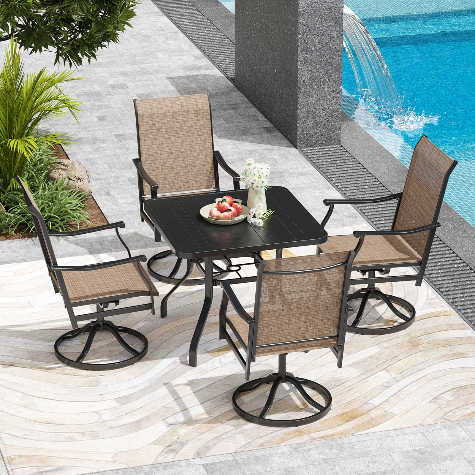 STARY 5 Pieces Outdoor Dining Set with 1.57" Umbrella Hole, Patio Swivel Dining Textilene Chairs and 35"x35" Iron Square Table for 4 People, Backyard