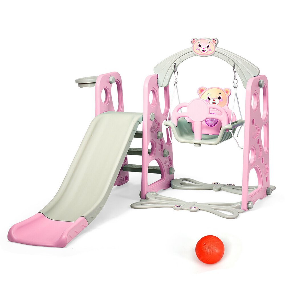 Costway 3 in 1 Toddler Climber and Swing Set Slide Playset w/Basketball