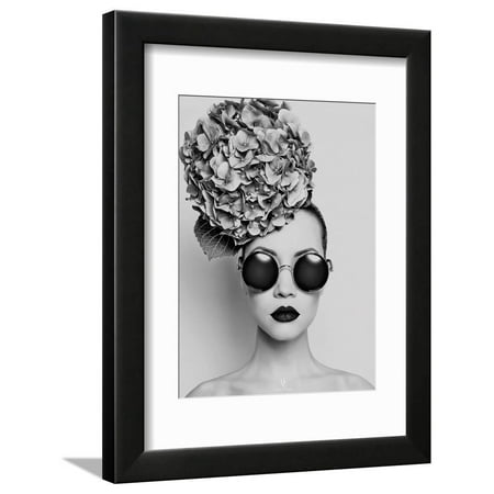 Fashion Forward 6 Light Petunia Modern Fashion Forward Black and White Photo of Woman with Sunglasses and Flowers in Hair Framed Print Wall Art By Haute Couture ()