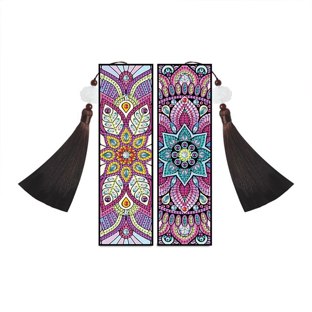 (FQY047) 2 Piezas Arte Hecho A Mano DIY para Amantes Los Libros Marcapáginas Diamantes Con Puntos Mandala Creativo Marcapáginas Con Borla Cuero Extensión Pintura Diamantes