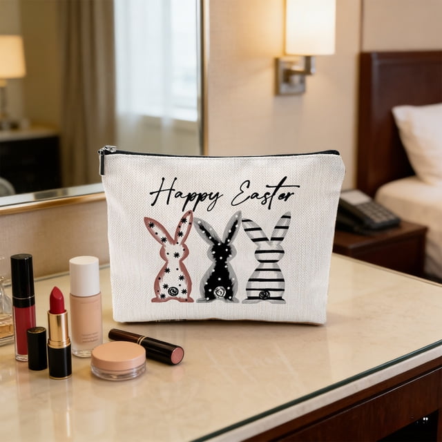 CaiYueKe Easter Bunny Storage Bag Zippered Pencil Case Cosmetic Makeup Organizer Travel Toiletry Bag Portable Burlap Pouch for Women Girls School Supplies Gifts