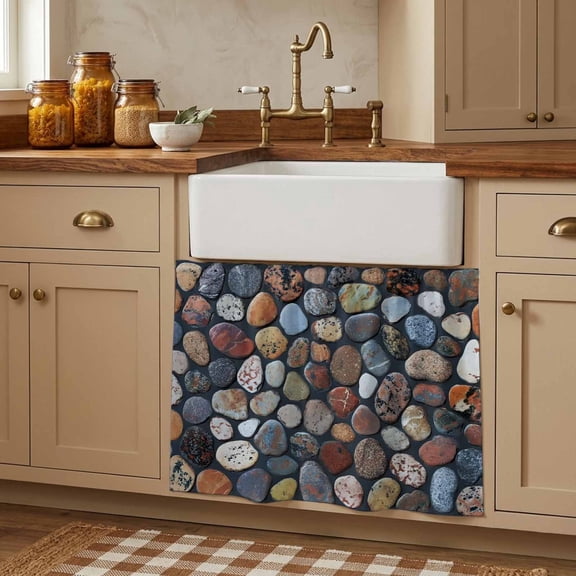 Natural Stones Cabinet Curtains 28"W x 35L, Retro Farmhouse Colorful Chic Wall Under Sink Skirt for Bathroom Vanity Kitchen Self Adhesive, Dust-Proof Privacy Curtain for Closet Shelves Laundry Room