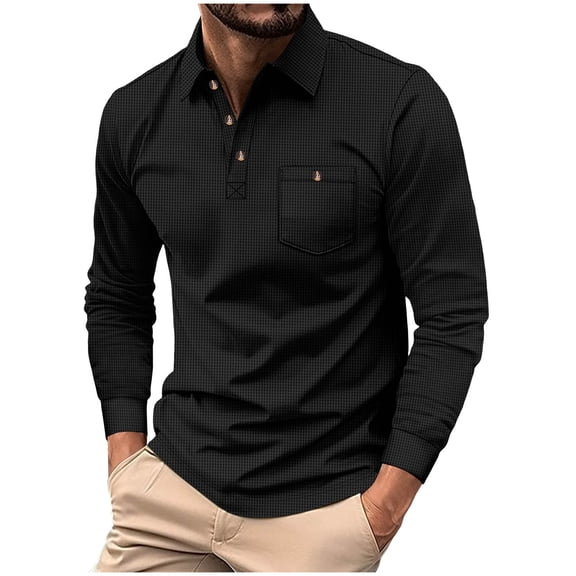 Chiccall Men's Quarter Button Pullover Casual Vintage Textured Long Sleeve Collared T Shirts with Pocket