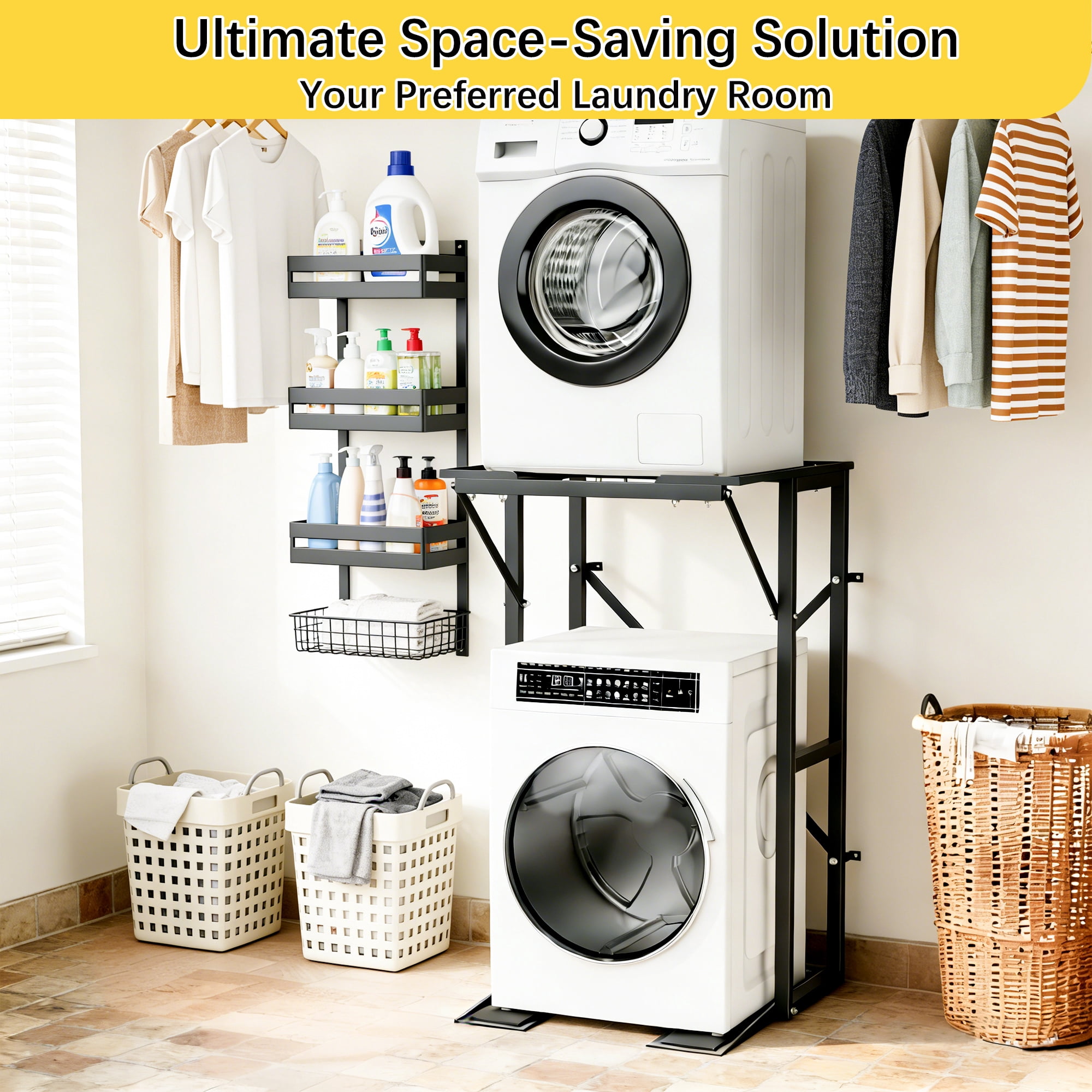 YOHKOH Heavy-Duty Steel Washer Dryer Stacking Stand – Portable Rack with Anti-Tip & Non-Slip, Universal Fit for Most Washers & Dryers (26.8"W x 19.8"D x 52"H)