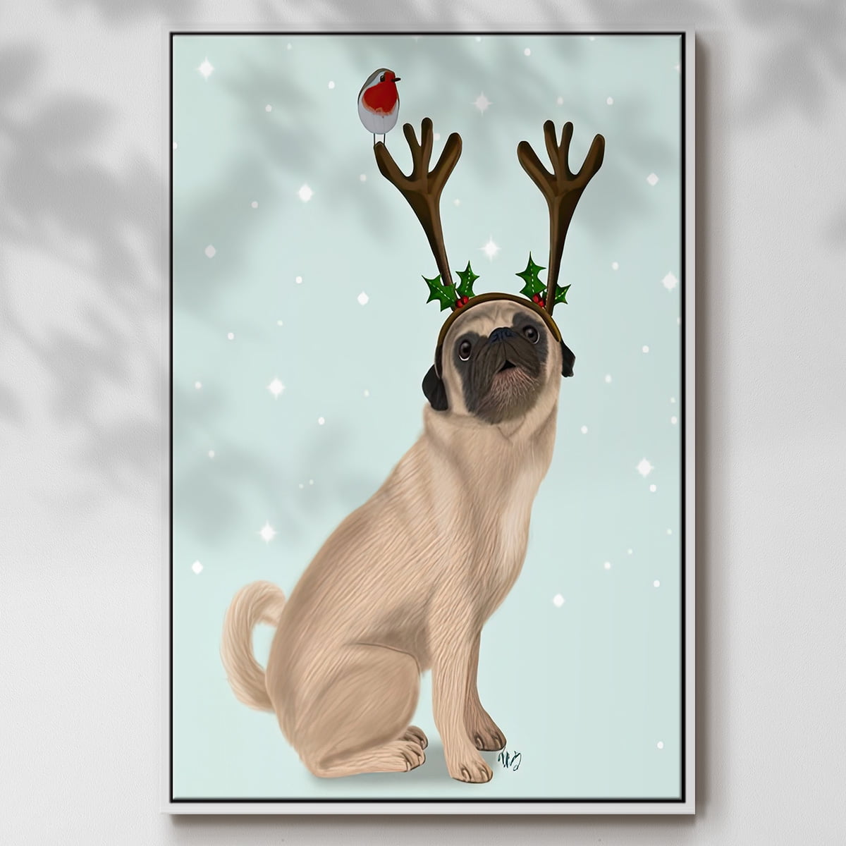 Christmas Pug with Antlers and Robin - Framed Gallery Wrapped Holiday Canvas - 25 x 37 - White Frame