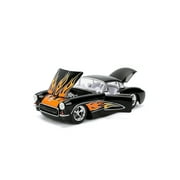 Jada Toys BIGTIME MUSCLE 1:24 1957 Chevy Corvette Die-cast Car – Opening Doors, Hood, Trunk, Rubber Tires(Glossy Black Flames)