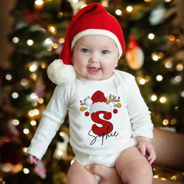 Body de bebé personalizado con letra y nombre, ropa para fiesta de Navidad, mono para recién nacido, ropa para niño pequeño, regalos