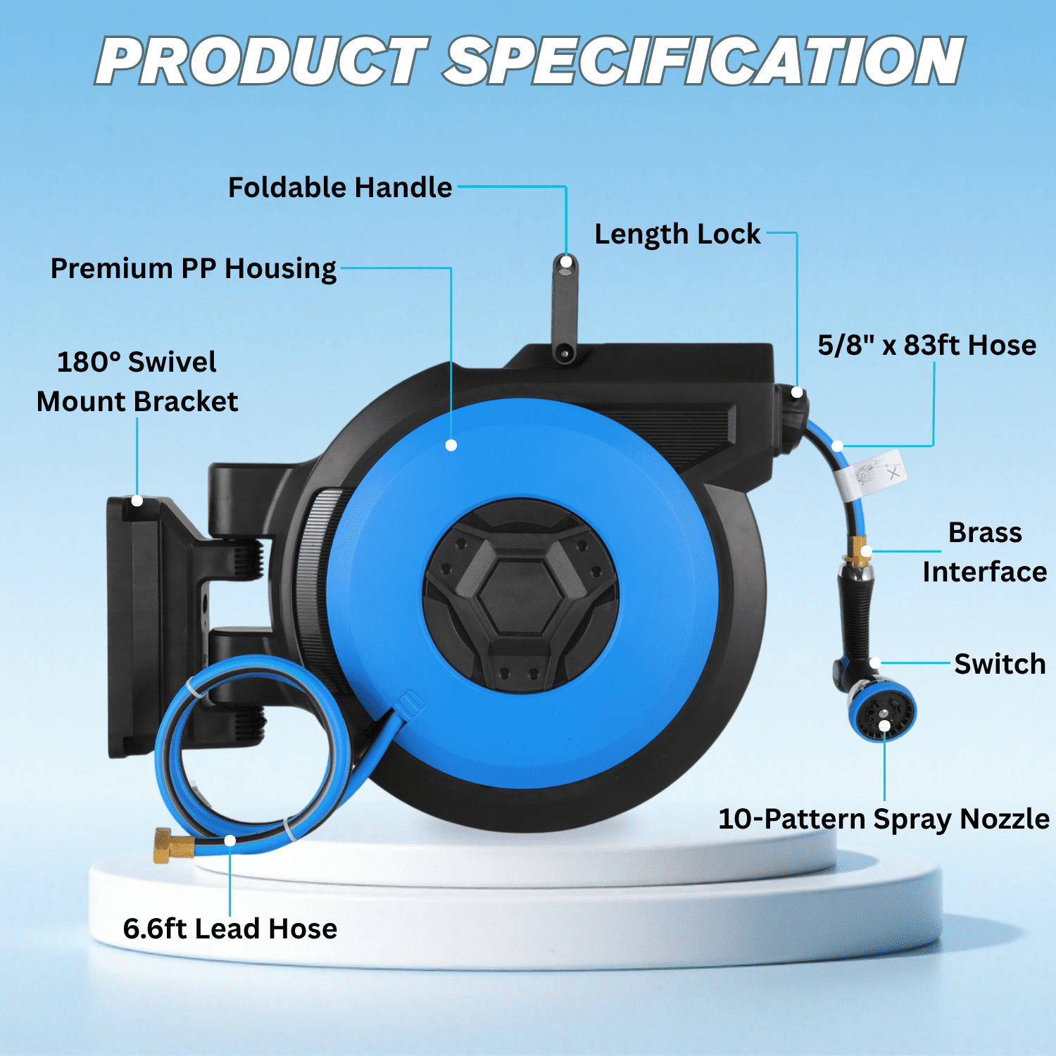 Legooin 82ft x 5/8 in Retractable Hose Reel, Wall Mount Garden Hose Reel for Outdoor Water Hose with 10-Pattern Sprayer Nozzle, Auto Rewind, Length Lock, 180° Swivel