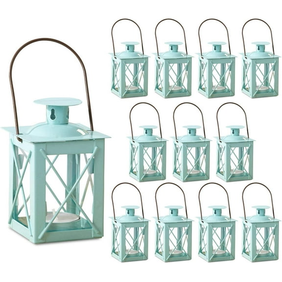 Kate Aspen Decorative Lanterns - Set of 12 - Luminous Metal Lantern Tealight Candle Holders for Wedding, Home Decor and Party - 4.5" H (6.5" H with Handle) – Blue