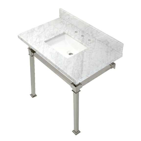 Kingston Brass KVPB36MSQ6 Monarch 36" Carrara Marble Console Sink with Stainless Steel Legs (8-Inch, 3-Hole), Carrara Marble White/Polished Nickel