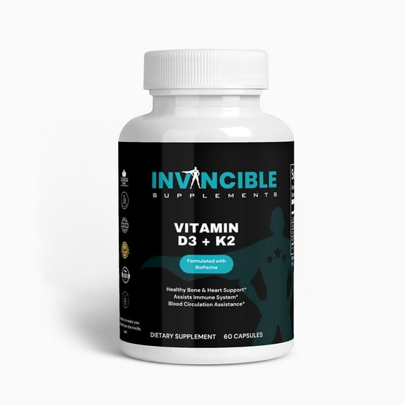 Invincible Supplements Vitamin D3   K2 Supplement for Bone Health and Cardiovascular Support- 60 Servings