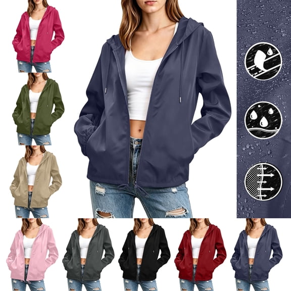 Women's Rain Jacket Full Zip Hooded Water Resistant Long Sleeve Outdoor Hiking Windbreaker