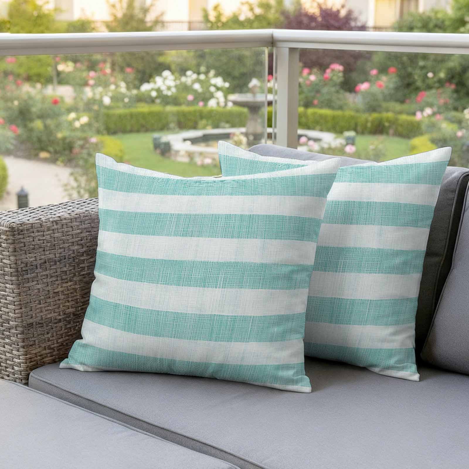 Aqua Striped Outdoor Waterproof Pillow Covers, Rustic Farmhouse Stripes Decorative Square Throw Pillowcase Sofa Cushion Sham for Patio/Couch/Chair, 18"x18" 2 Pack