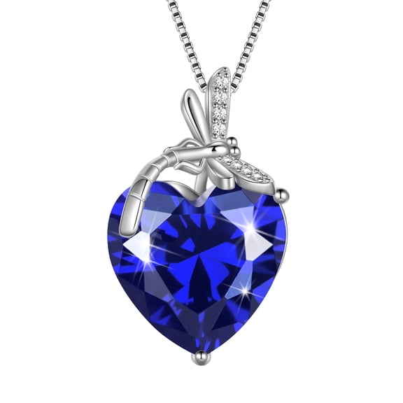 Juwaliy Dragonfly Necklace Heart September Birthstone Necklace Sapphire Blue 925 Sterling Silver Pendant Jewelry Women Birthday Christmas Mother's Day Gift