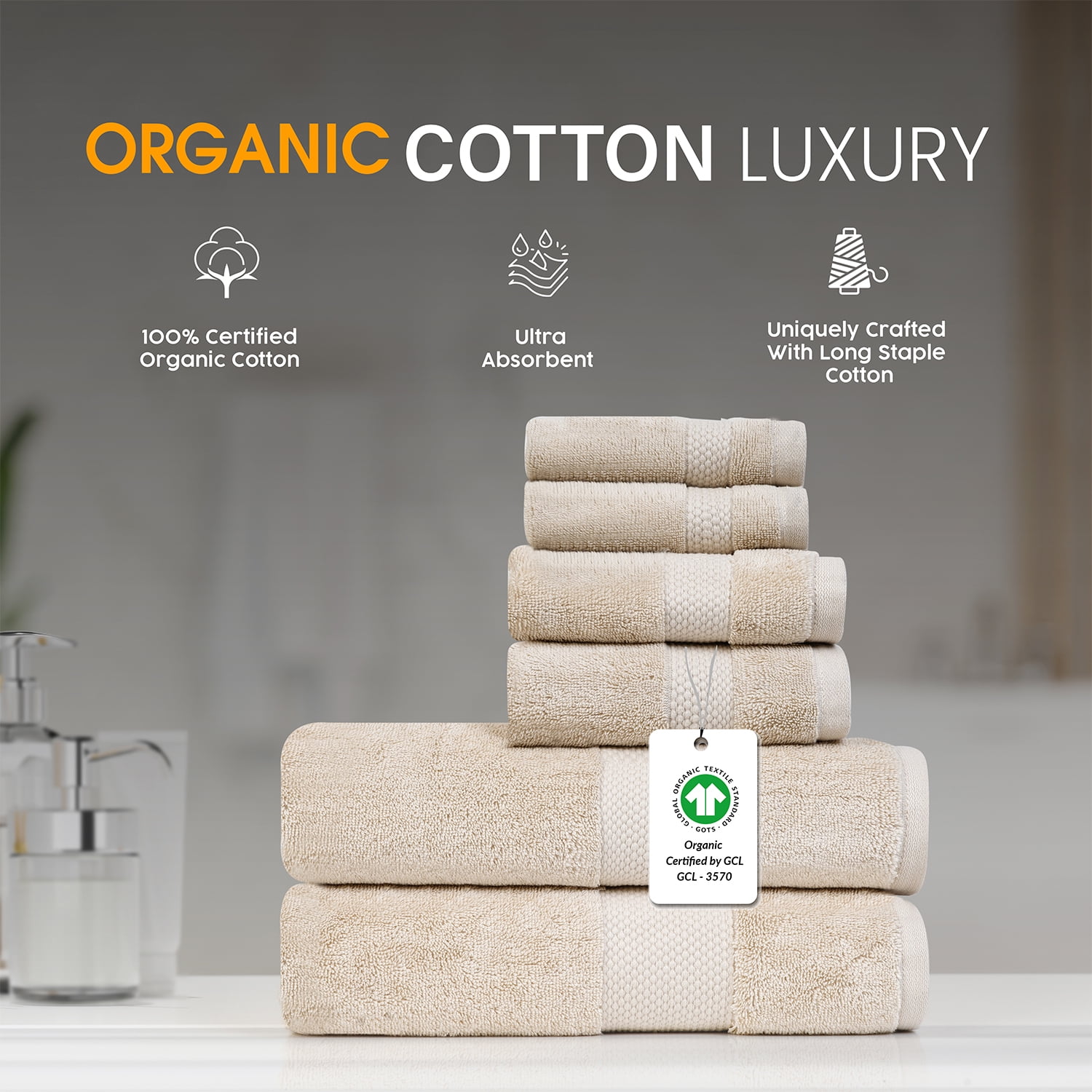 100% Organic Cotton Towel Set of 6 – GOTS & Oeko-TEX Certified – Soft, Ultra Absorbent, Quick Dry – Includes 2 Bath Towels, 2 Hand Towels, 2 Washcloths – Farm to Home by MicroCotton - Sand