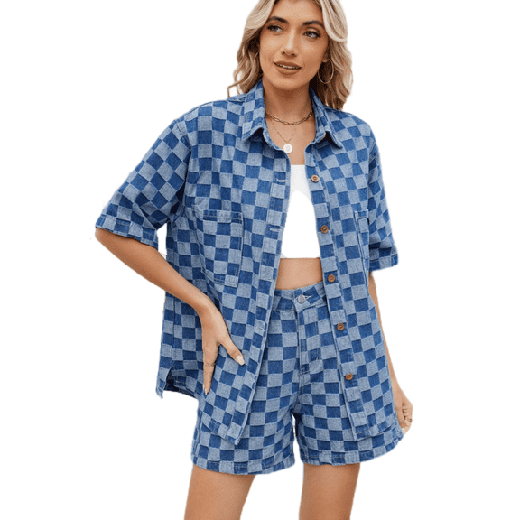 LYMAYTER Women Denim Set Casual Plaid Short Sleeve Outfit for S-XL Relaxed Summer Fashion Comfy Set