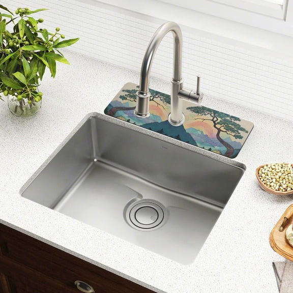 Yayeee Faucet Mat for Kitchen Sink 14.7" Diatomite Long Splash Guard Pad, Pine Tree Rainbow