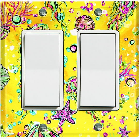 Metal Light Switch Wall Plate Outlet Cover (Jellyfish Sea Snail Starfish Yellow Glitter Reef Bubbles - Double Rocker)