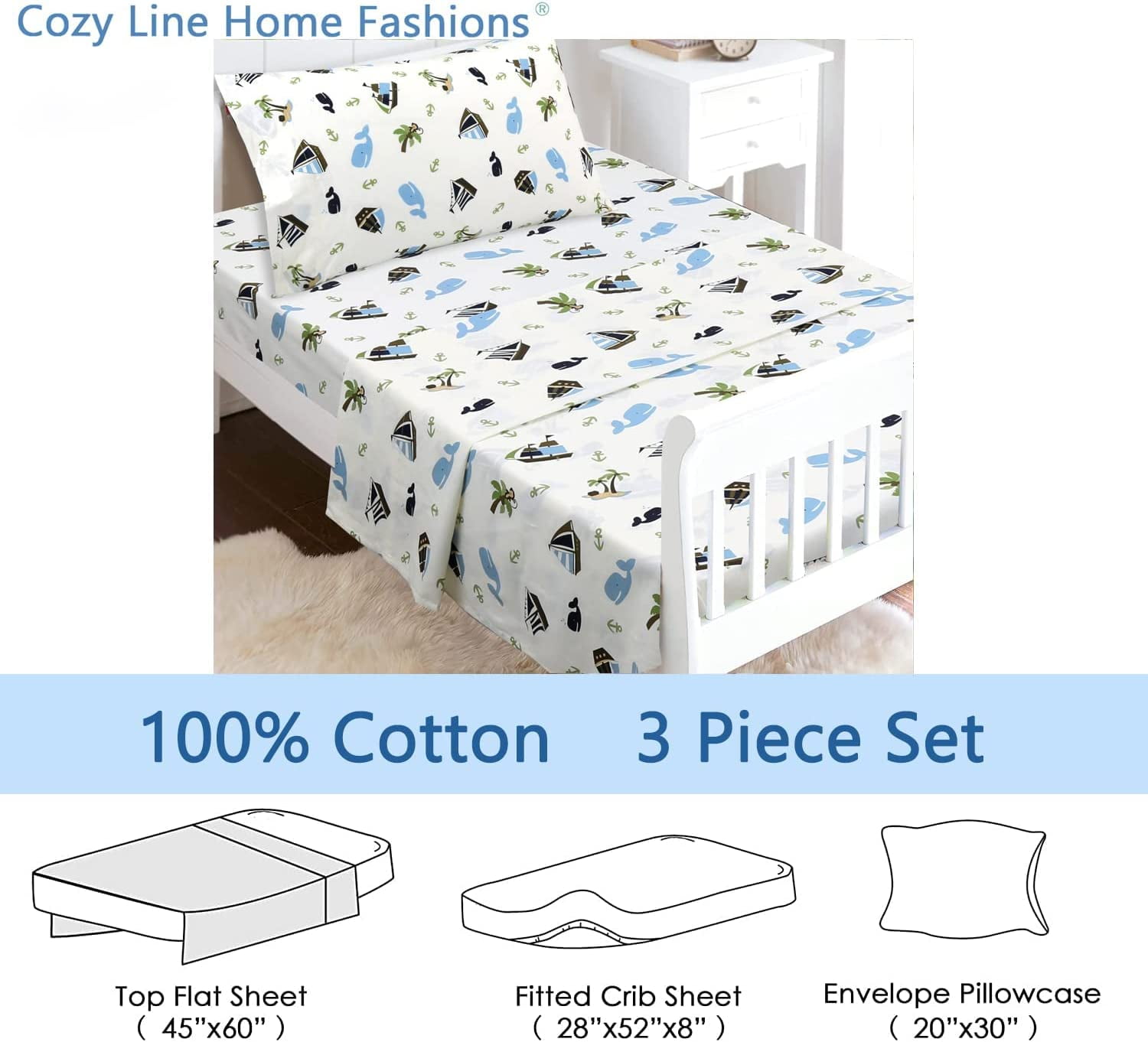 Ocean Blue Whale Ships Sail Monkey Island 3 Piece White Cotton Toddler Sheet Set