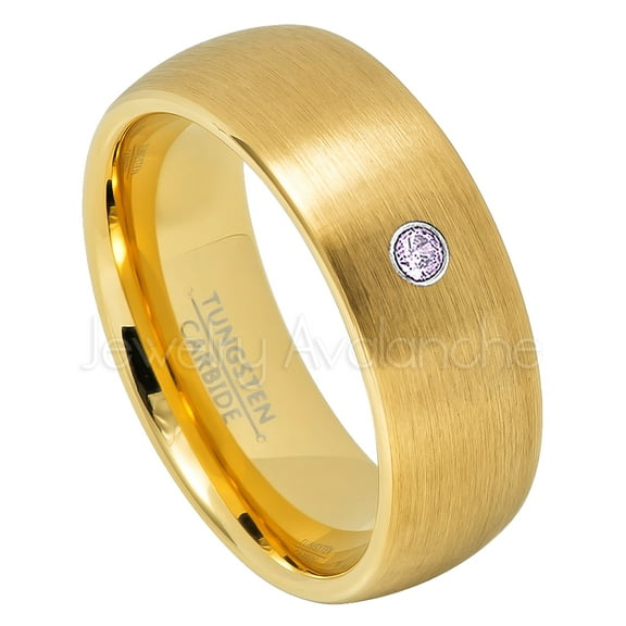 Yellow Gold Plated Dome Tungsten Wedding Band - 0.07ct Solitaire Amethyst Ring - Personalized Tungsten Wedding Ring - Custom Made February Birthstone Ring TN690BS