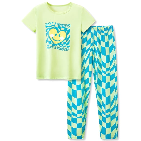 Beezizac Blue Checker Pajamas for Big/Teen Girls – Cute Summer 2-Piece Short Sleeves Shirt & Pants PJs Play Set Size 10
