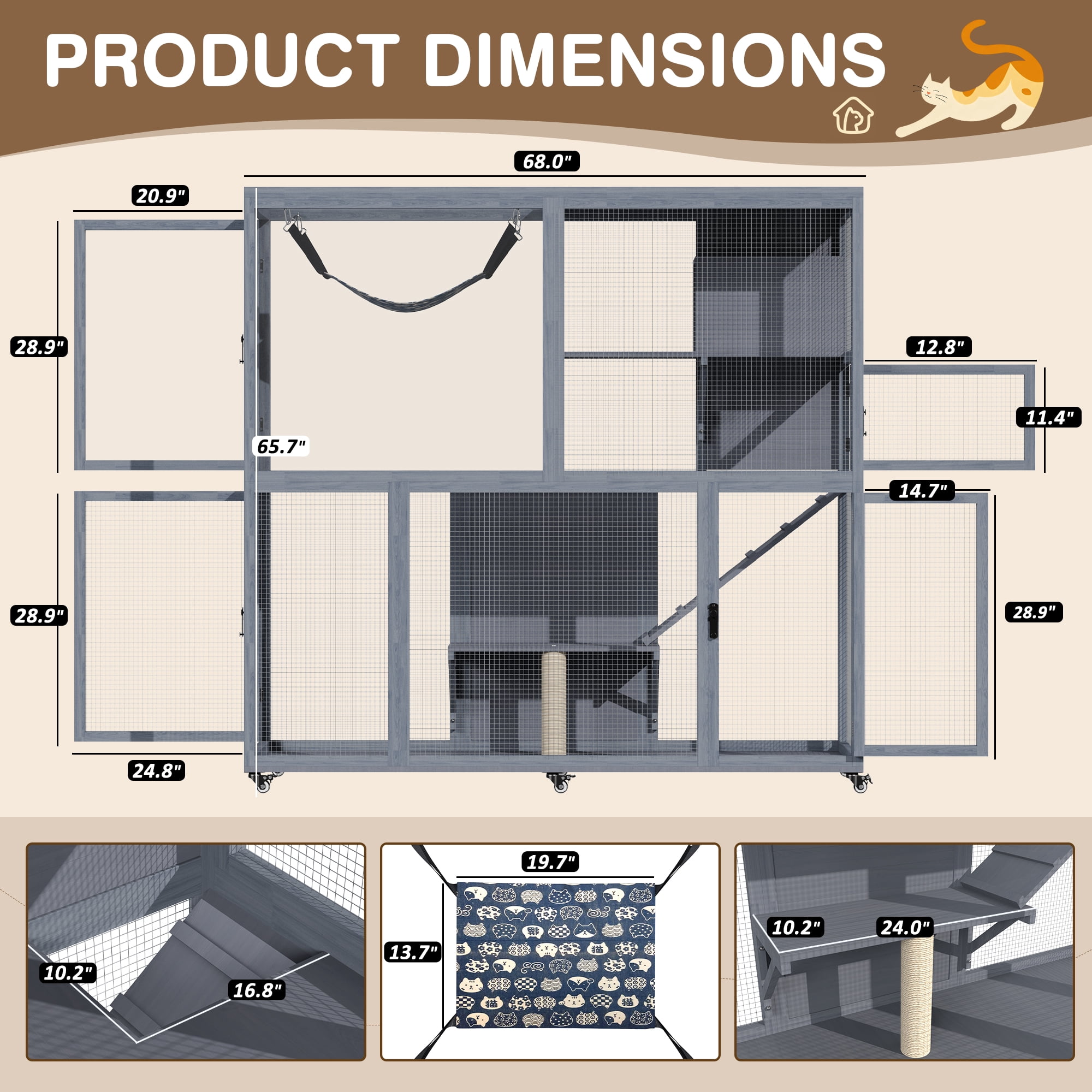 Haverchair 4-Tier Catio Cat Enclosure Outdoor, Portable Cat House Cage for Multiple Cats Indoor, Wood Kitty Condo w/Waterproof Roof Wheels Platforms Hammock Scratching Post for Sunbathing Playing