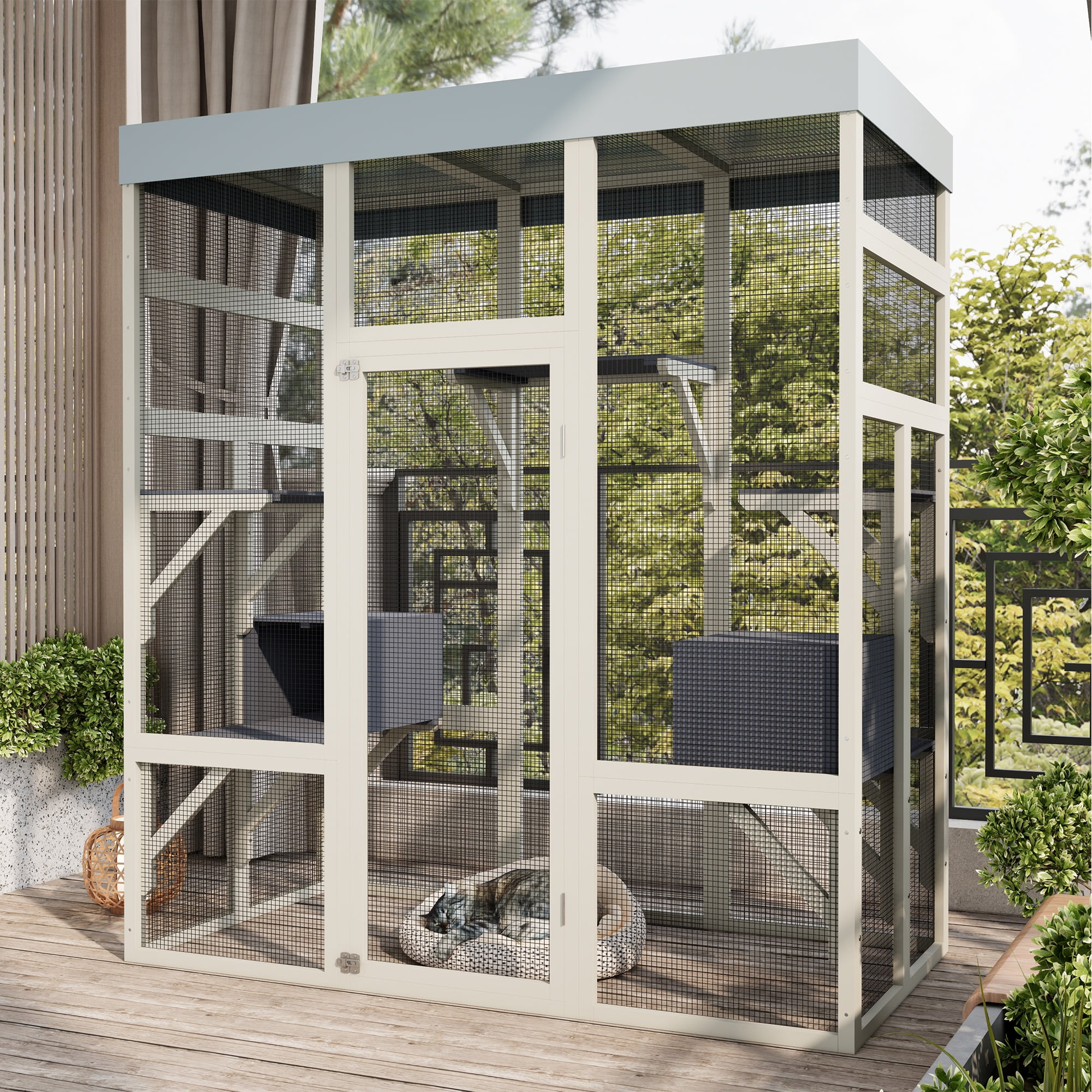 Seizeen Catio Cat House for Outdoor Indoor, Wooden Cat Enclosure with Resting Box, Platforms , 3-Tier Cat Cage Kitty House for Small Animal, Waterproof Roof
