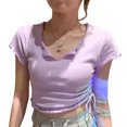 thumbnail image 3 of Camiseta de mujer de corte ajustado con escote en V, frunces laterales y detalle de cordón, violeta claro, talla M, 3 of 8