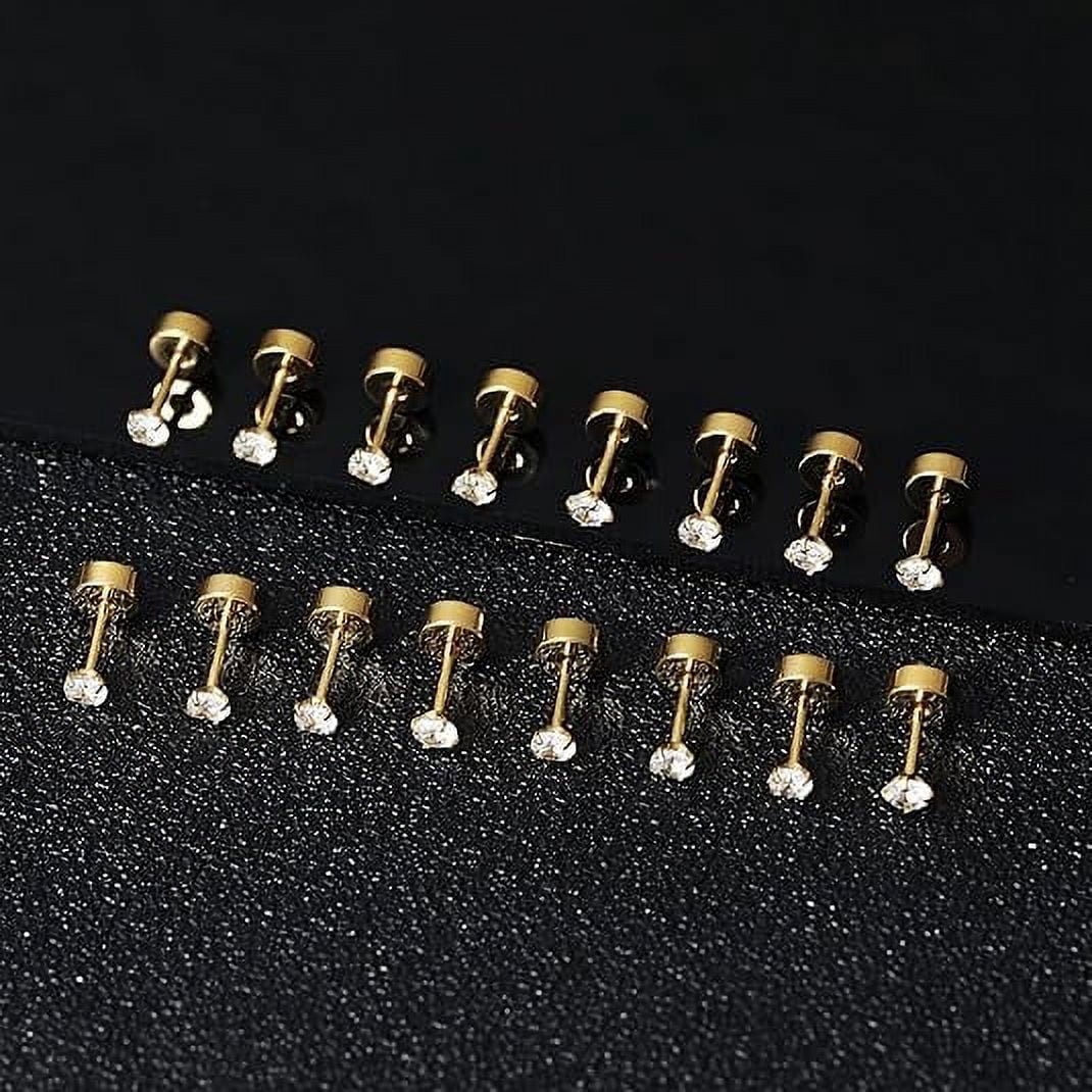 Xukmct 18 Pairs Studs Earrings 2mm Round Cubic Zirconia Earring Flatback 316L Stainless Steel Studs Earrings for Women Men, Gold