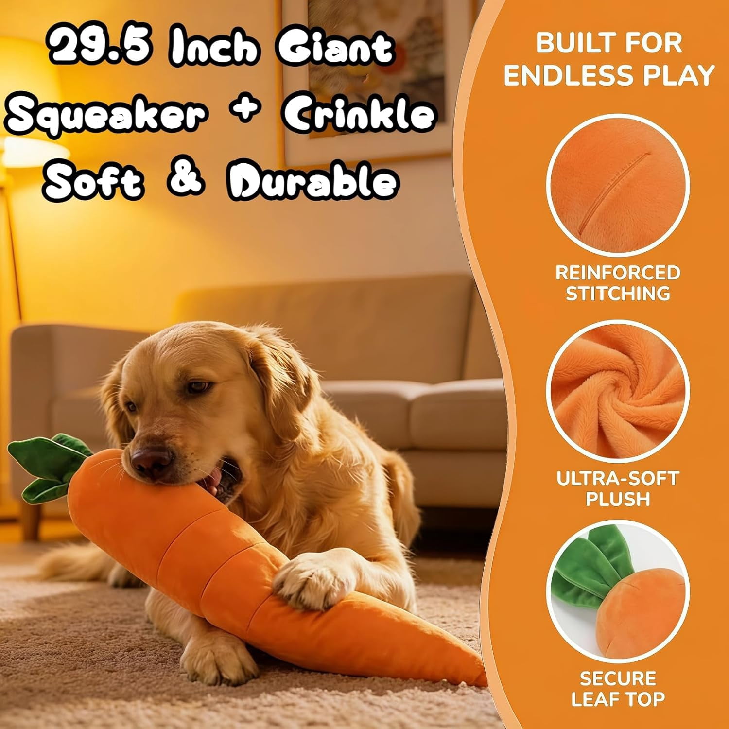 Giant Carrot Dog Toy 29.5 Inch, Plush Dog Toy with Squeaker & Crinkle, Soft Durable Puppy Teething Chew Toy, Interactive Anti-Boredom Dog Toys for Small Medium Dogs (2pcs)