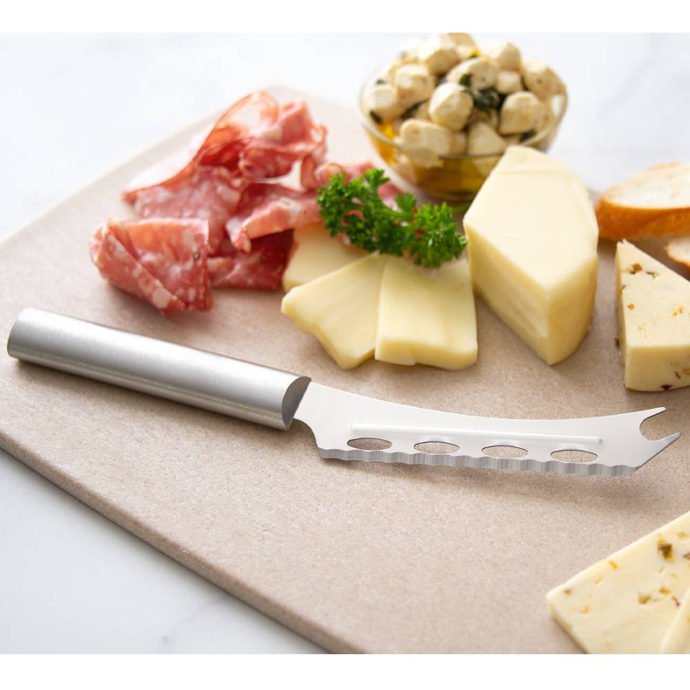Rada Serrated Cheese Knife, Stainless Steel, Hand-Sharpened, 5.25 inch Forked Tip, Cutout Blade Knives, Aluminum Handle