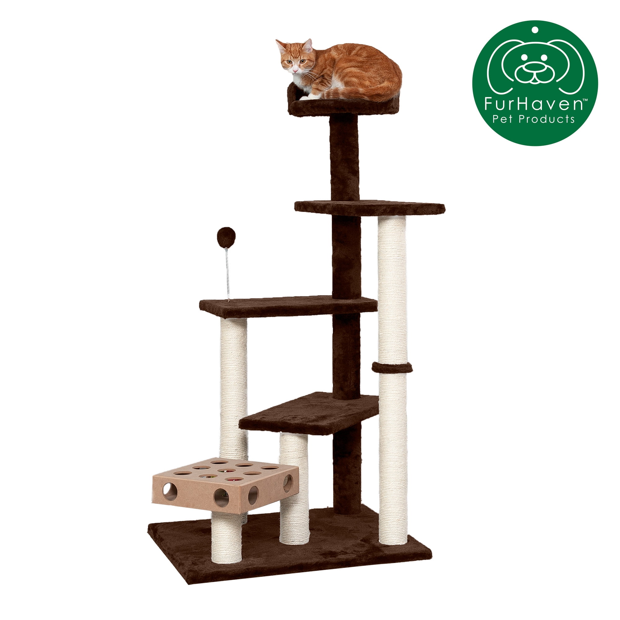 Furhaven Pet Cat Furniture Tiger Tough Fuzz Ball Hanging Toy Cat Scratcher Post Entertainment Cat Tree Playground for Cats & Kittens Blue