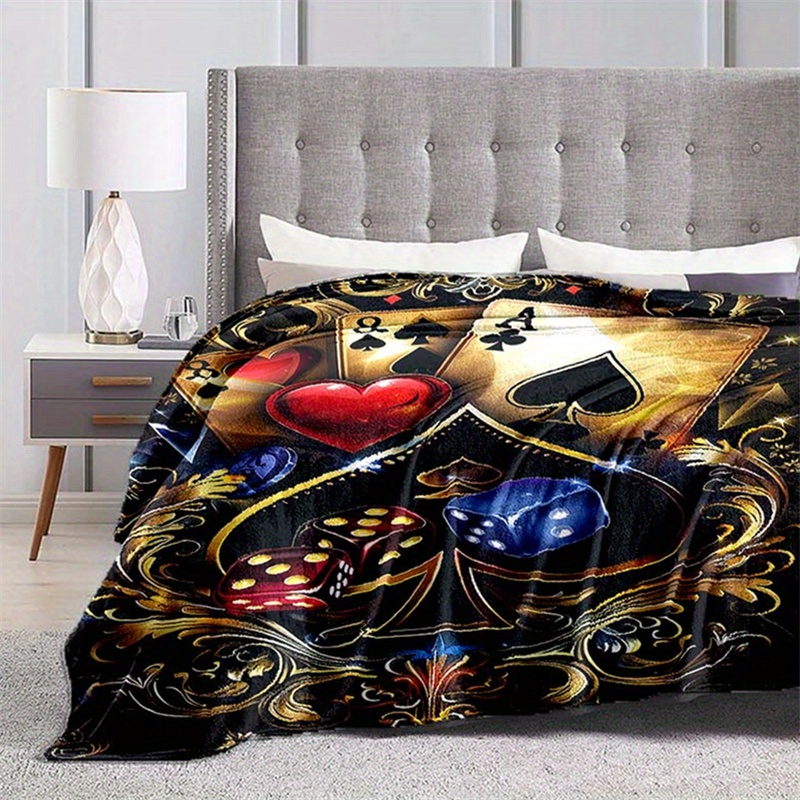 Vintage Poker and Dice Blanket 85.04inch Retro Plush Throw Warm & Lightweight Multipurpose Sofa Bed Travel Picnic Mat Non-Woven Red Longest Side Over 70.87inch