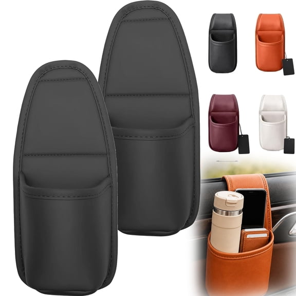 PU Leather Car Cup Holder Window Hanging Organizer, Portable Car Door Cups Holder for Vehicle Storage, Drinks and Phone, Black, 2PCS