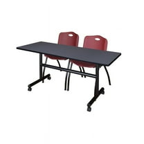 60" x 30" Flip Top Mobile Training Table- Grey and 2 "M" Stack Chairs- Burgundy