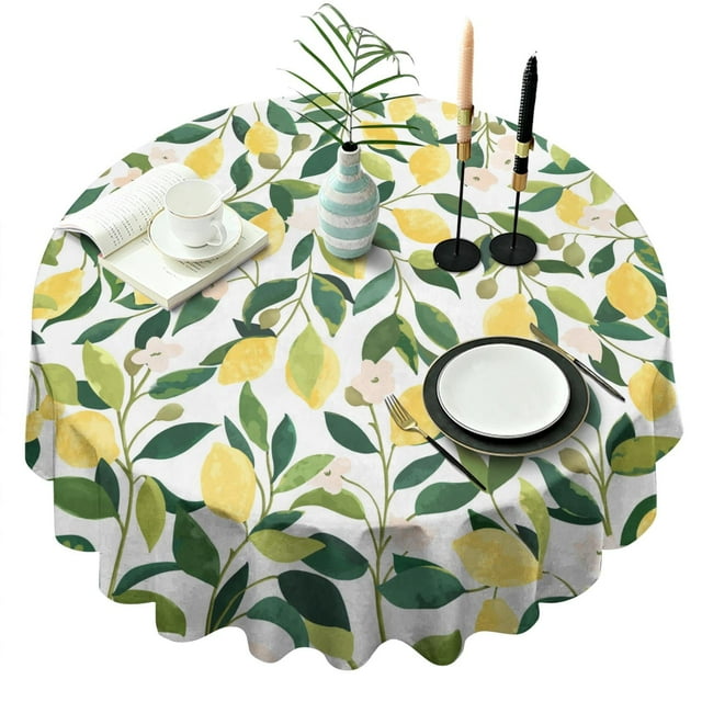 Jolie Nappe Ronde Jaune Citron à Motif de Fruits, Nappe Résistante aux Plis en Polyester, Nappe Imperméable et Réutilisable pour Mariage, Anniversaire, Fête du Thé (Ronde, 60x60 Pouces)