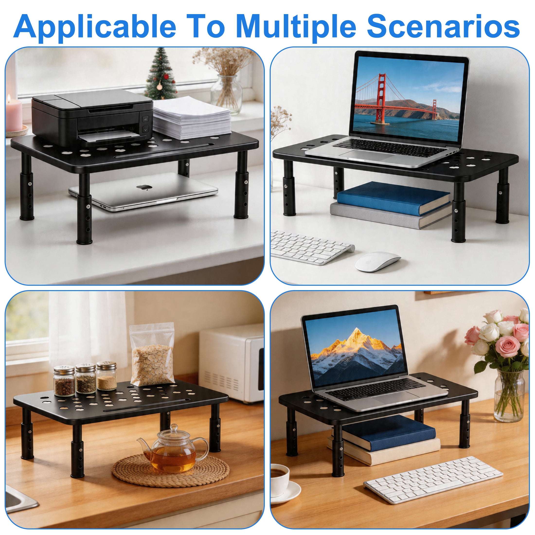 2-Pack Adjustable Monitor Stand Riser, Metal Computer Monitor Riser with 3 Height Settings, Desk Stand for Laptop, Printer, Desktop Organizer