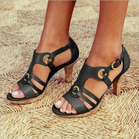

EQWLJWE Women’s Open Toe Ankle Strap Metal Buckle Strappy Chunky Heel Pump Sandals