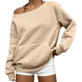 thumbnail image 2 of Womens Asymmetrical Off The Shoulder Sweatshirt Loose Fit Long Sleeve Solid Color Drop Shoulder Fashion Pullover with Pocket Khaki M, 2 of 7