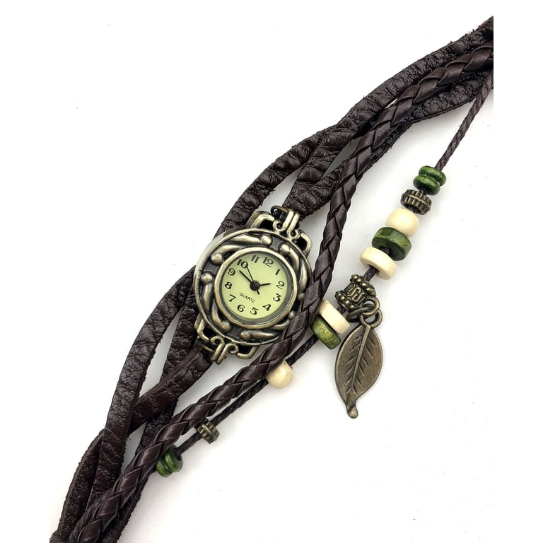 Women\'s Brown Analog Quartz Leaf Bracelet Weave Wrap Around Leather Wrist Watch Dark Brown Leather Wrap Watch,wrap Around Watch,leather  main image 4