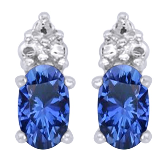Oval Cut Simulated Blue Sapphire With White CZ Cluster Drop Earrings In 14K Solid White Gold