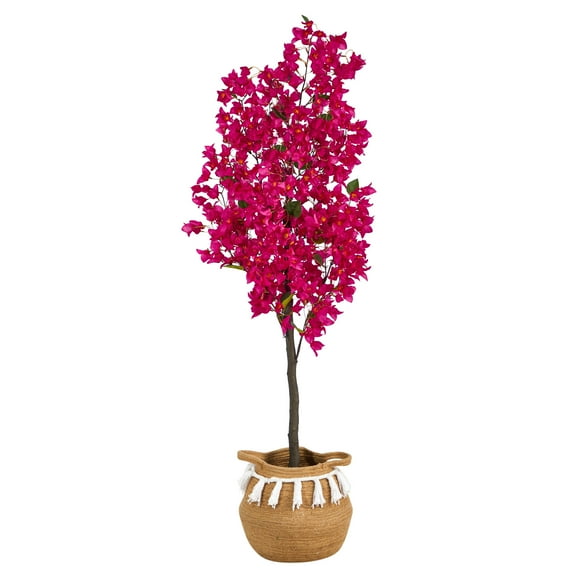 Nearly Natural 5ft. Artificial Bougainvillea Tree with Handmade Jute & Cotton Basket with Tassels, Pink