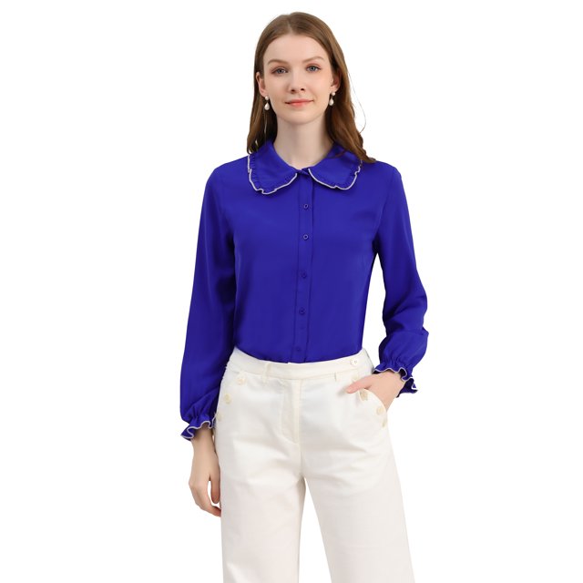 INSPIRE CHIC Women's Sweet Ruffle Peter Pan Collar Button Up Work Shirts