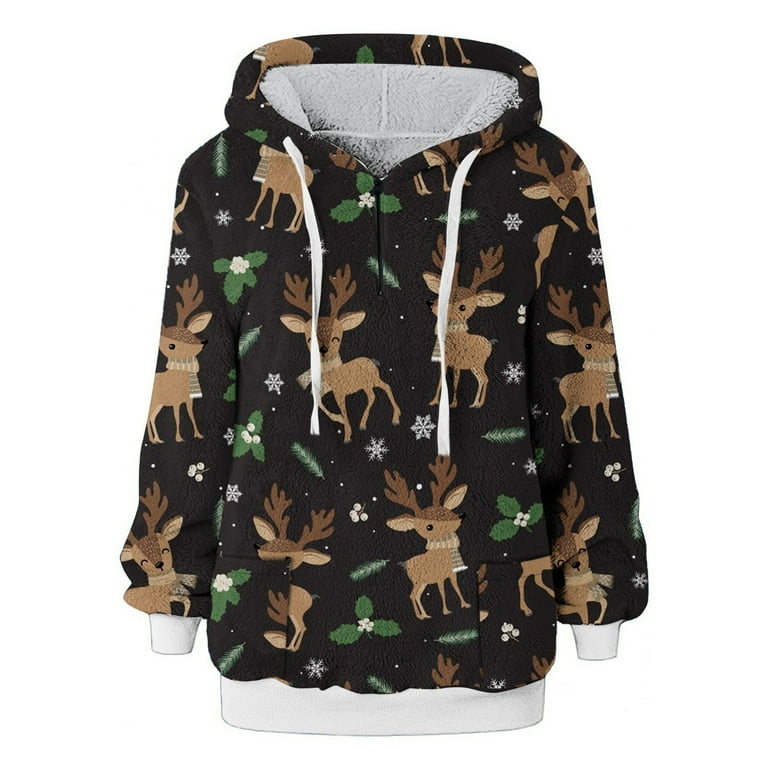 Christmas Women s Hoodies Sweatshirts Tops Long Sleeve Round Neck Zipper Pullover Shirts Fall Winter Plush Hooded Sweatshirts Cute Printed Coats With