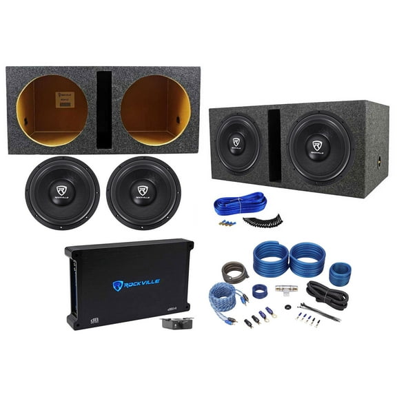 2) Rockville W12K6D2 V2 12" 4800w Subwoofers Vented Box Mono Amplifier Amp Kit