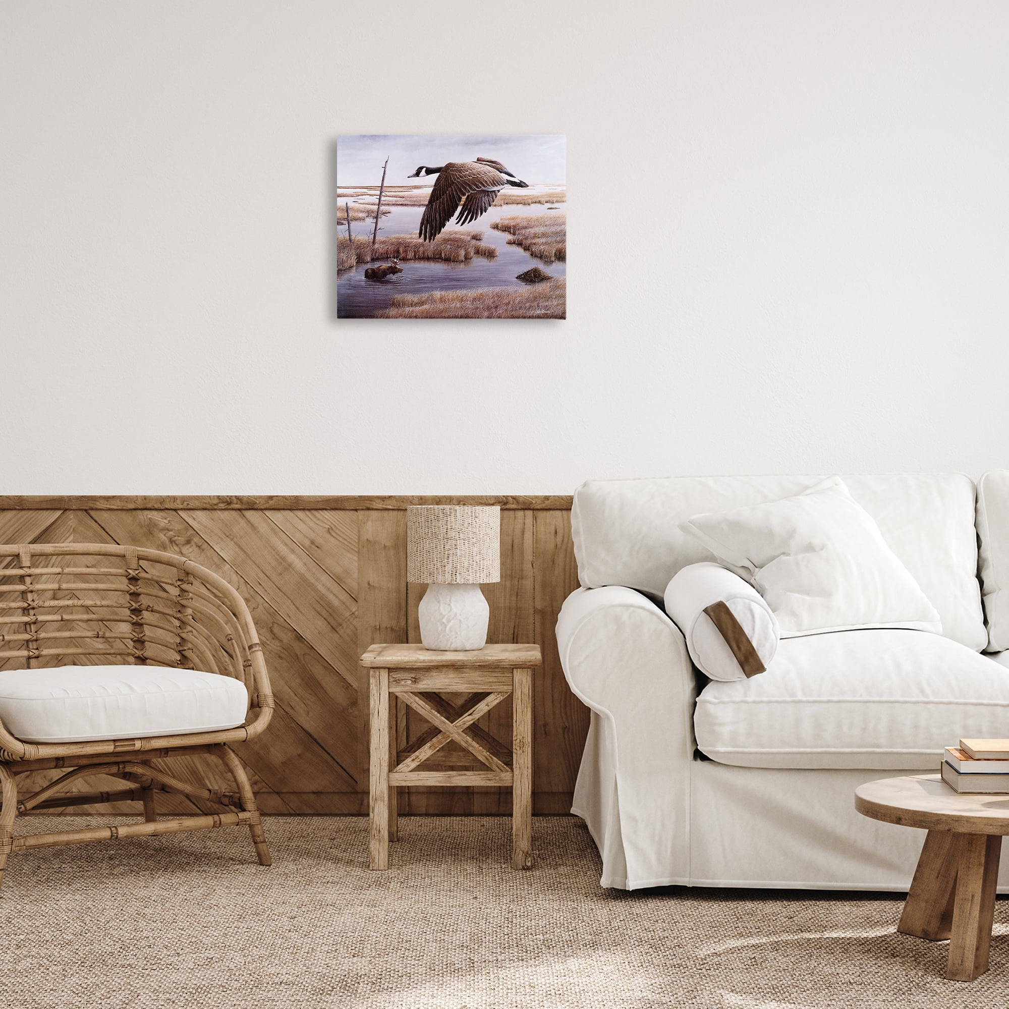 Stupell Industries Goose Over Creek Animals Painting Wrapped Canvas Art Print Wall Art, 20 x 16