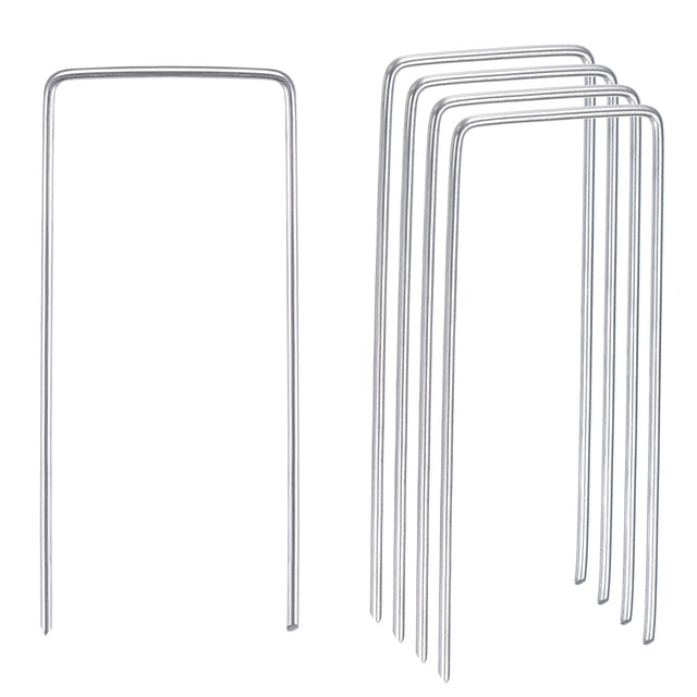 Jardín Estacas Alfileres U Forma 4 L x 0.08 Diámetro, Galvanizado Paisaje Grapas Césped Clavijas para Tierra Cubierta Maleza Barrera Tela, Plateado Tono Paquete de 20